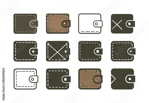 Leather Wallet Icons. Old leather wallet. Icon set. Set Logo of old leather wallet: worn stitching detail. harmonious logo variations of the same emblematic