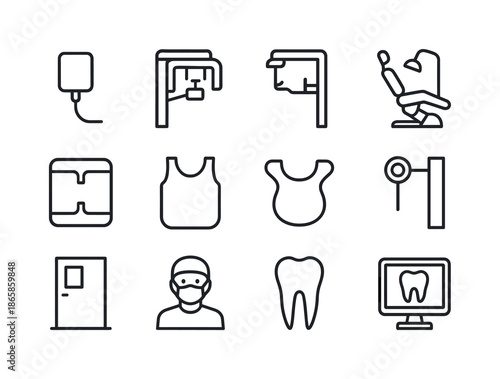 Dental X-Ray Icons. Dental x-ray. Line icon set of dental x-ray: intraoral sensor, panoramic x-ray machine, cephalometric arm, dental chair, bitewing film,