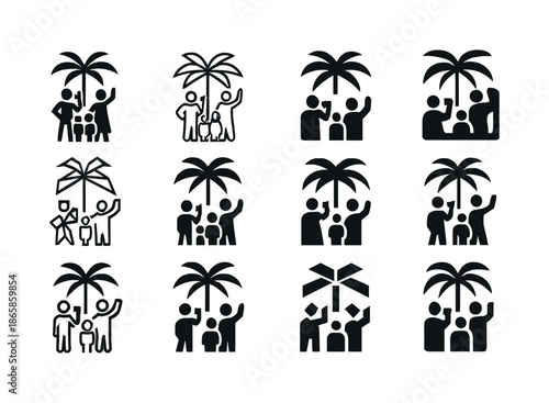 Family Vacation Logos. taking a family vacation photo. Icon set. Set Logo of taking a family vacation photo: parents with kids posing under palm