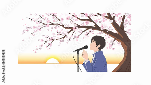 Young person singing under a blooming tree at sunrise