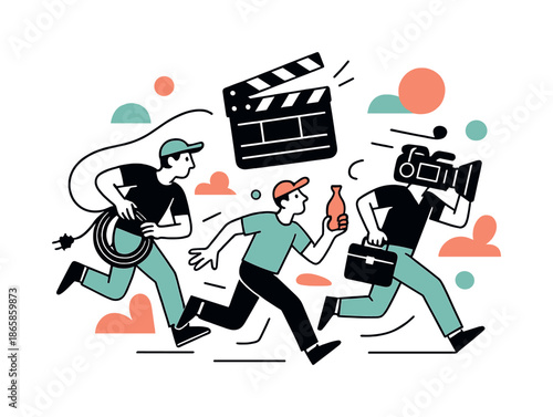Film Set Chaos. On set hustle. A clapperboard snaps in midair while crew rush around with cables, props, and gear in dynamic motion. Modern flat-line