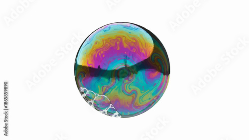 A close-up of a colorful soap bubble, reflecting swirling patterns of light and small, clustered bubbles