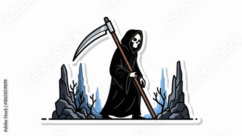 Grim Reaper in black robe with scythe stands amidst sharp, stylized rocks