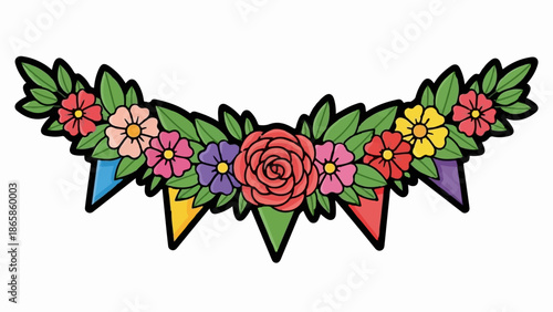 Festive floral garland with colorful pennant flags and vibrant flowers