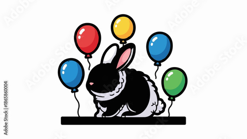 A black and white rabbit sits surrounded by colorful balloons, festive and cheerful