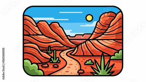 Stylized desert landscape with red rock formations, a winding path, and sparse vegetation under a bright sky