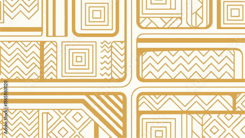 Abstract geometric pattern with golden lines on white background, featuring squares and zigzags