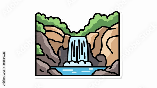 Stylized waterfall cascades down rocky cliffs into a serene blue pool surrounded by lush green foliage