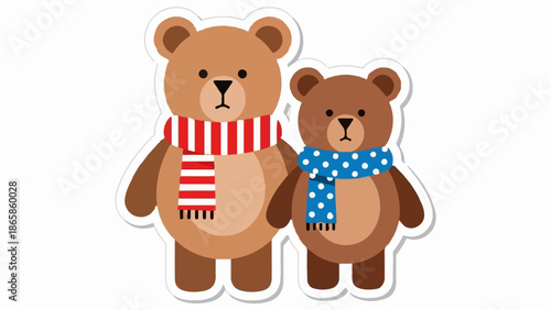 Two teddy bears, one large and one small, wear striped and polka dot scarves