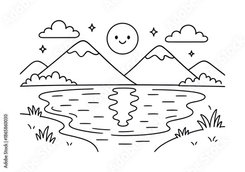 Mountain Lake Coloring. Mountain lake glow children?s coloring book illustration, outlined drawing, moon reflection stretching across a lake between simple