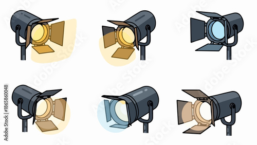 Six cartoon stage lights emit yellow and blue beams, with adjustable barn doors