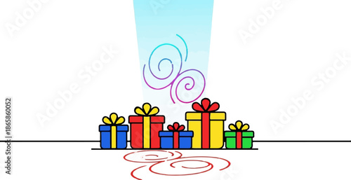 A festive row of colorful gift boxes with ribbons, bathed in a beam of light