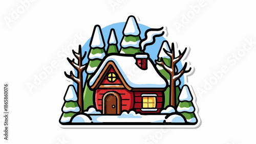 Cozy snow-covered cabin nestled amidst pine trees