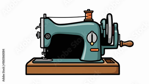 A teal colored antique sewing machine with a wooden base and spool of orange thread