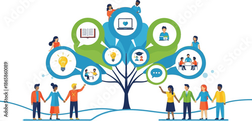 Visual representation of a digital learning tree concept showing diverse people interacting with symbols for knowledge collaboration innovation and education outcomes