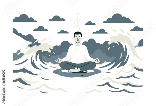 Zen Amid Chaos. Meditation in chaos. Someone sits cross-legged on a floating rock while turbulent waves crash around, soft breathing lines rising upward. Peace