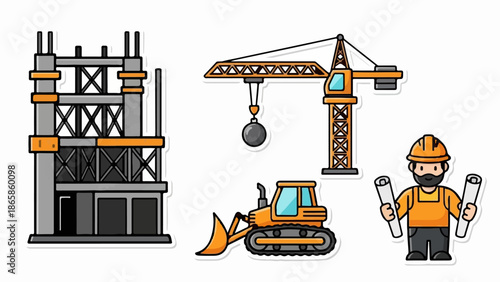 Cartoon construction site with crane, bulldozer, building, and worker
