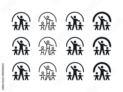 Choreographer Logo Variations. A choreographer teaching a dance class in a studio. Icon set. Set Logo of a choreographer teaching a dance class in a studio: