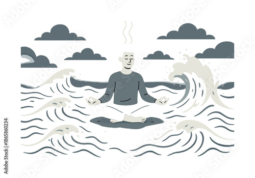 Zen Amid Chaos. Meditation in chaos. Someone sits cross-legged on a floating rock while turbulent waves crash around, soft breathing lines rising upward. Peace