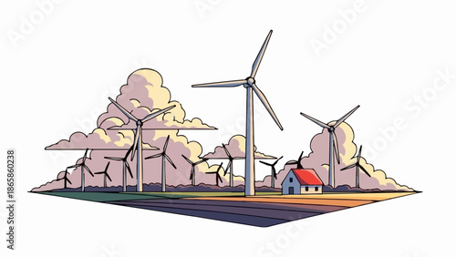 Stylized wind turbines dot a landscape with clouds and a small house