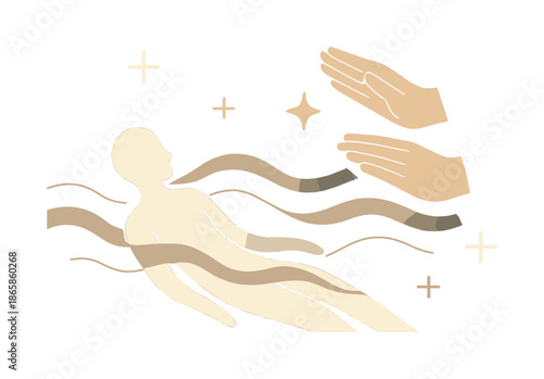 Healing Sonic Waves. Sound-driven healing. Hands directing warm sonic energy toward a body outline; waves gently wrapping around. Floating plus symbols and