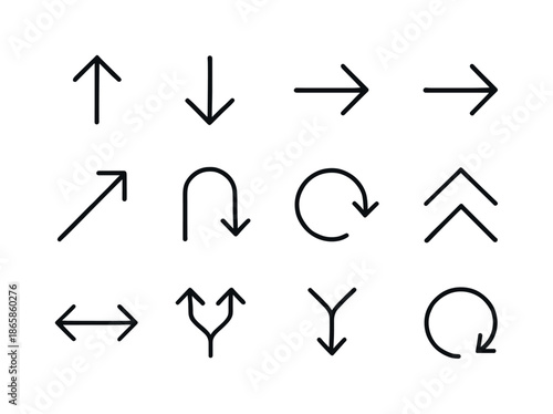 Directional Arrow Icons. Directional arrows. Line icon set of Directional arrows: up arrow, down arrow, left arrow, right arrow, diagonal arrow, U-turn arrow,
