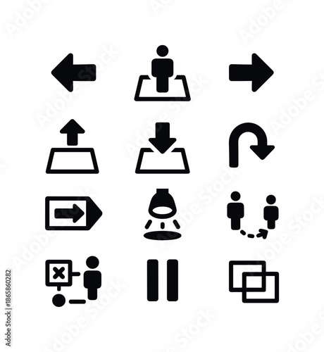 Stage Icons Grid. Stage directions. Solid icon set of Stage directions: left stage arrow, center stage icon, right stage arrow, upstage symbol, downstage icon,