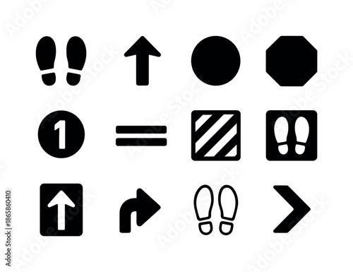 Floor Decal Icons. Floor decals for checkout line. Solid icon set of Floor decals for checkout line: footprints, arrow forward, wait here circle, stop sign,