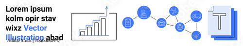 Data processing, digital systems, business growth, analytics, networking, workflow management. Bar graph and interconnected points diagram with icons. Data processing and digital systems insights