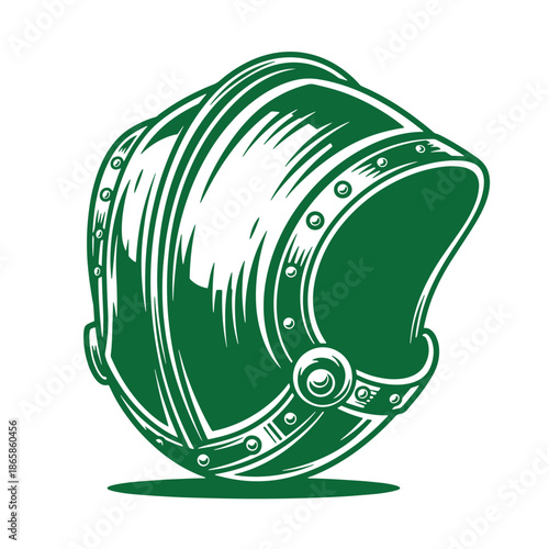 Green medieval knight helmet with metal rivets and straps illustration