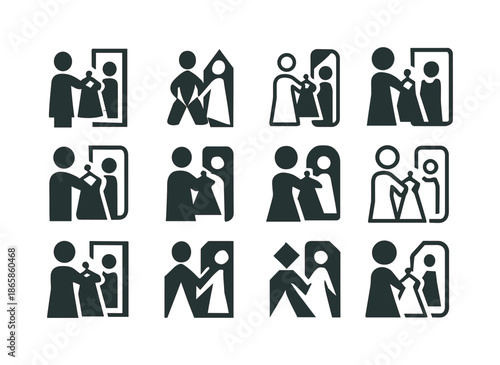 Clothing Logo Variations. Trying on clothes. Icon set. Set Logo of Trying on clothes: mirror reflection silhouette. harmonious logo variations of the same