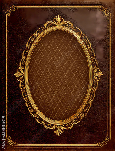 vintage book cover, oval golden frame on a brown leather background, detailed, vintage style, digital art, realistic