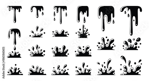 Black liquid splashes and drips a collection of fluid motion illustrations