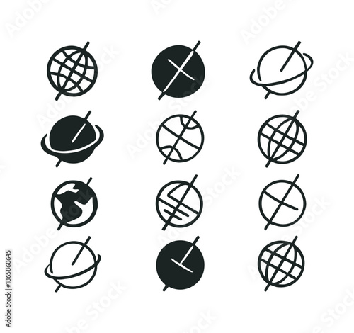 Earth Rotation Logos. Earth's rotation. Icon set. Set Logo of earth's rotation: Earth axis tilt symbol. harmonious logo variations of the same emblematic