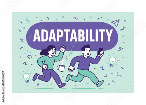 Bold Adaptability Banner. Adaptability banner, flat vector illustration, bold oversized text inside rounded blob banner shape, cartoon characters running and