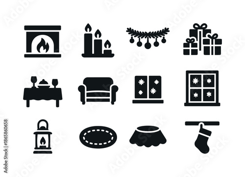 Holiday Home Icons. Holiday home interior. Solid icon set of holiday home interior: fireplace, mantel decor, holiday candles, garland, wrapped gifts, festive