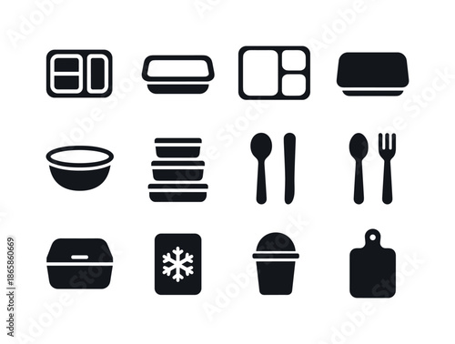 Meal Prep Icons. Meal prep storage. Solid icon set of Meal prep storage: divided container, single portion box, lunch tray, lid, glass bowl, stack set, spoon,