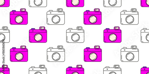 Hand drawn photo camera seamless pattern. Vector illustration pink doll photo camera seamless pattern isolated white backgroun. Perfect girly room wall decor wallpaper fabric printing design. EPS 10
