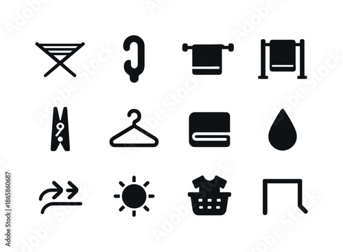 Home Drying Icons. Home drying station. Solid icon set of Home drying station: drying rack, wall hook, towel bar, standing frame, clothespin, hanger, folded