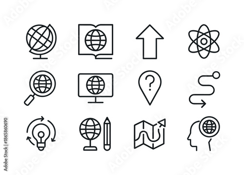 Education Line Icons. Spinning world ? Education & Learning. Line icon set of Spinning world ? Education & Learning: globe on stand, book with Earth, learning