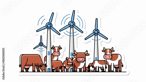 Cartoon cows graze peacefully in front of wind turbines generating clean energy