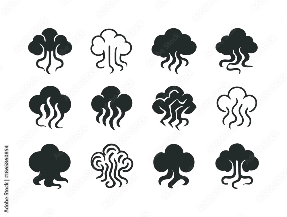 Obraz premium Dark Shadow Icons. Dark shadows. Icon set. Set Logo of Dark shadows: creeping fog. harmonious logo variations of the same emblematic concept, each with