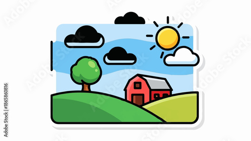 Cartoon farm scene with a red barn, green hills, a tree, and a bright sun with clouds
