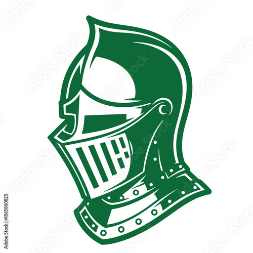 Green medieval knight helmet with visor and rivets isolated on white background  medieval armor headgear