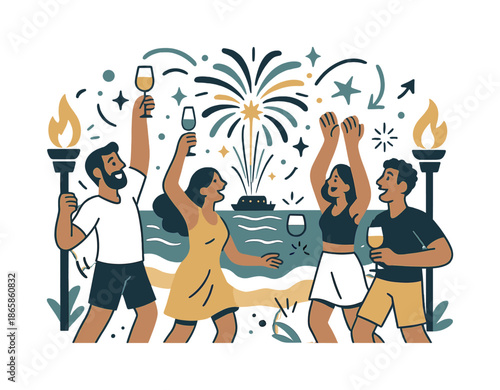 Ocean Fireworks Celebration. Ocean fireworks. Fireworks rise from a floating barge at sea, painting waves with radiant light. Beachgoers cheer and toast under