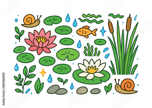 Water Garden Doodles. Water Garden Plants. Colorful Hand-drawn doodle Children illustration Water Garden Plants lotus, lily pads, reeds, grasses, algae, tiny