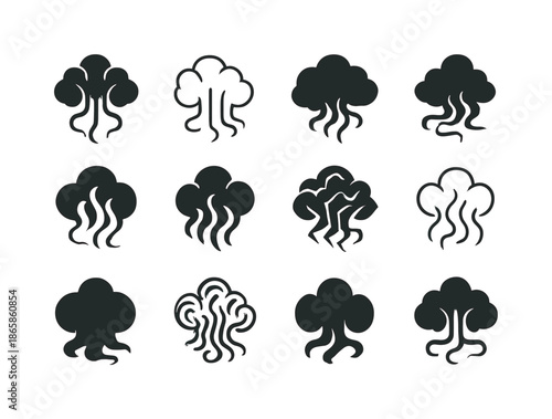 Dark Shadow Icons. Dark shadows. Icon set. Set Logo of Dark shadows: creeping fog. harmonious logo variations of the same emblematic concept, each with