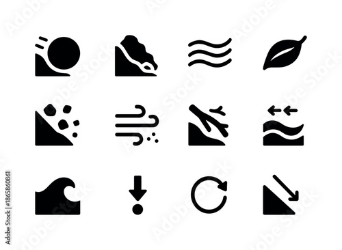 Nature Motion Icons. Nature motion dynamics. Solid icon set of nature motion dynamics: rolling rock, sliding soil, flowing water, drifting leaf, falling