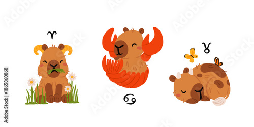 Capybara zodiac signs kawaii vector set, cute cartoon astrology animals clipart. Horoscope symbols collection, flat EPS10 illustration for stickers, prints and social media