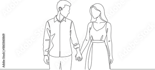 Continuous one line art drawing of a loving couple holding hands, symbolizing connection, partnership, and romantic relationship, perfect for themes of love and togetherness in graphic designs